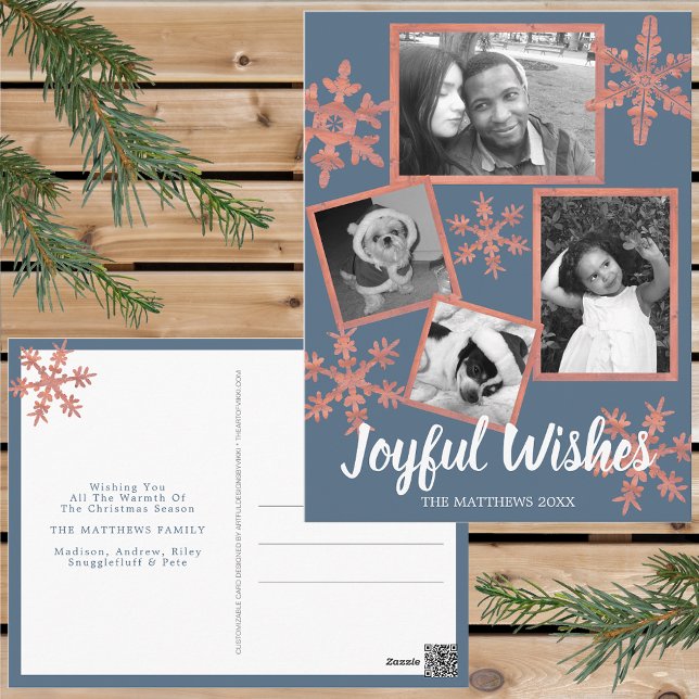 Postal Moderno copo de nieve ruso azul 4 Navidades de fot (Personalize these rustic snowflake holiday postcards for one of a kind Christmas cheer this year.)