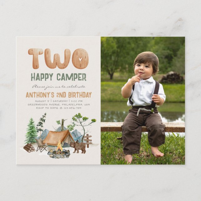Postal Moderno Cute Two Happy Camper Photo 2º cumpleaños (Anverso)