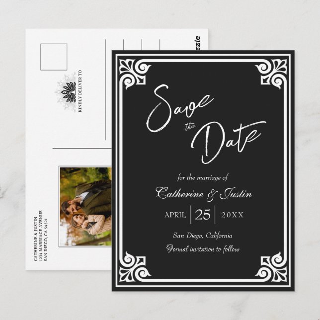 Postal Moderno Deco Black Peacock Photo Save the Date (Anverso / Reverso)