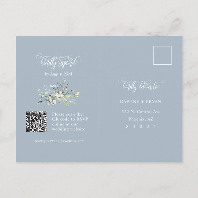 Postal Moderno Dusty Blue Winter Green Leaves QR Code RSV (Reverso)