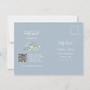 Postal Moderno Dusty Blue Winter Green Leaves QR Code RSV