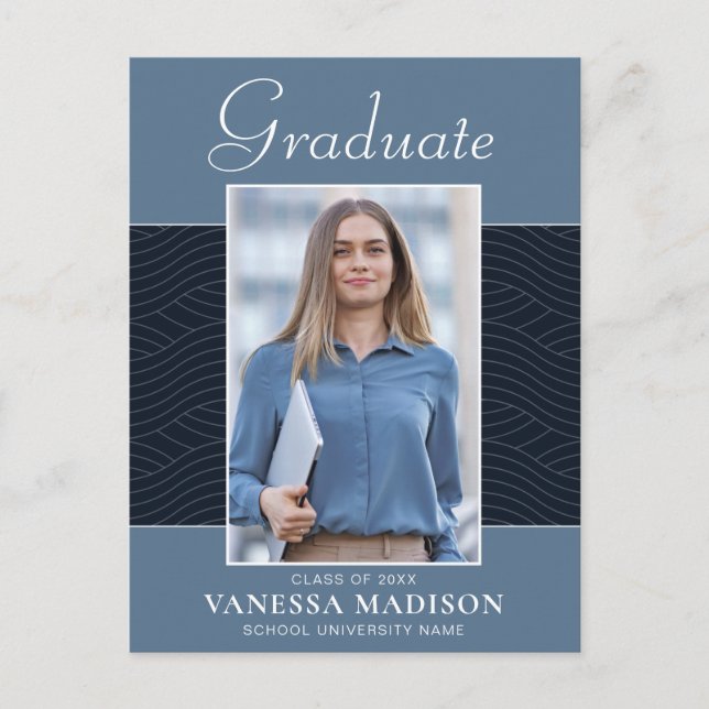 Postal Moderno | Elegante Script Dusty Blue 1 Photo Grad (Anverso)