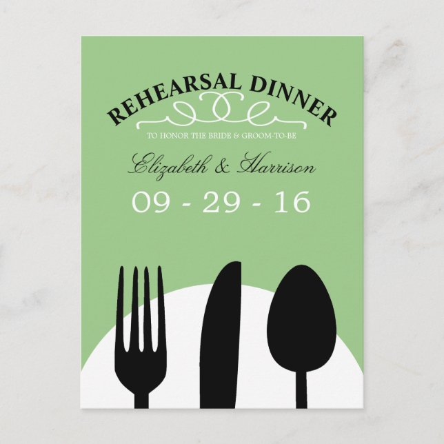 Postal Moderno ensayo de cubiertos negros Boda Cena (Anverso)