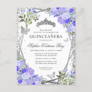 Postal Moderno Floral Morado Gris Tiara Quinceañera