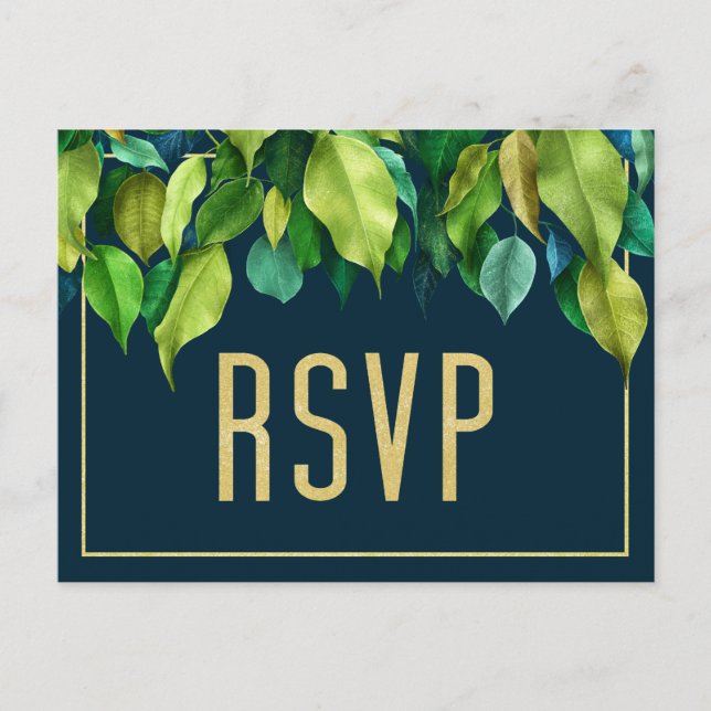 Postal Moderno Foliage Deep Blue Elegant Wedding RSVP (Anverso)