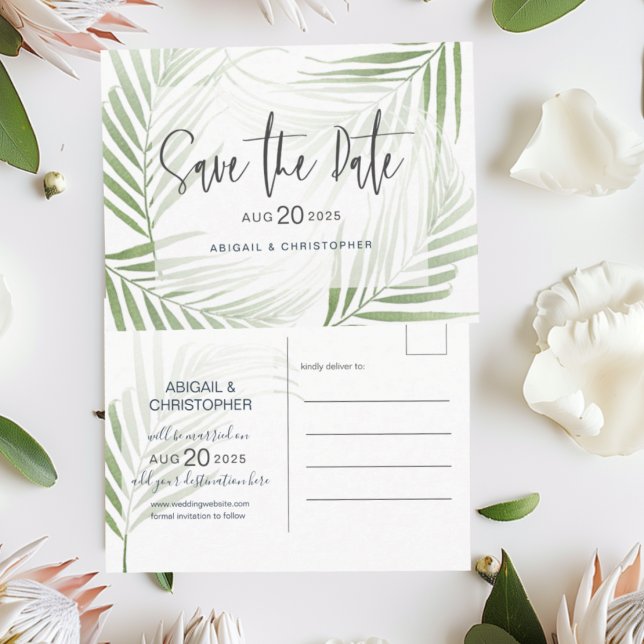 Postal Moderno Follaje Tropical Verde Fecha de la Boda (Subido por el creador)