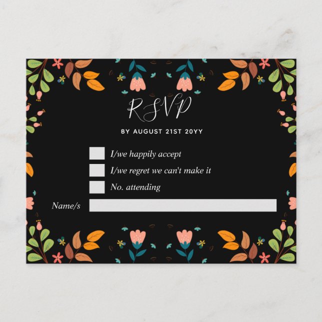 Postal Moderno Garden Fall hojas negro RSVP (Anverso)