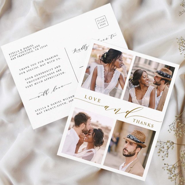Postal Moderno Gold Love & Gracias 4Photo Boda Gracias (Front & Back)