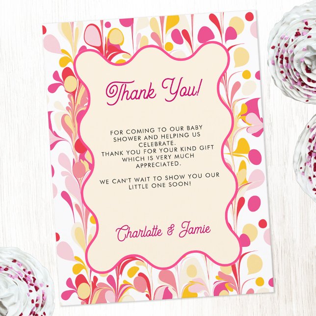 Postal Moderno Gracias Retro Resumen Rosa (Fun retro marble groovy wavy pink yellow personalized custom text baby shower thank you postcard)