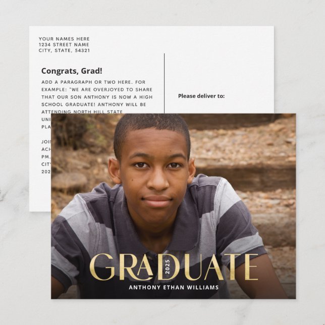 Postal Moderno Graduación de Foto de Oro de Graduado (Anverso / Reverso)