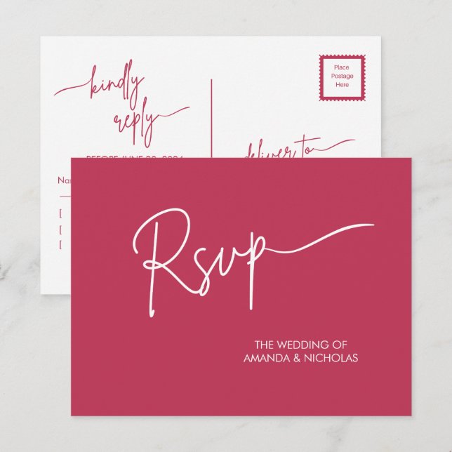 Postal Moderno Minimalista Magenta Rojo y Blanco RSVP  (Anverso / Reverso)