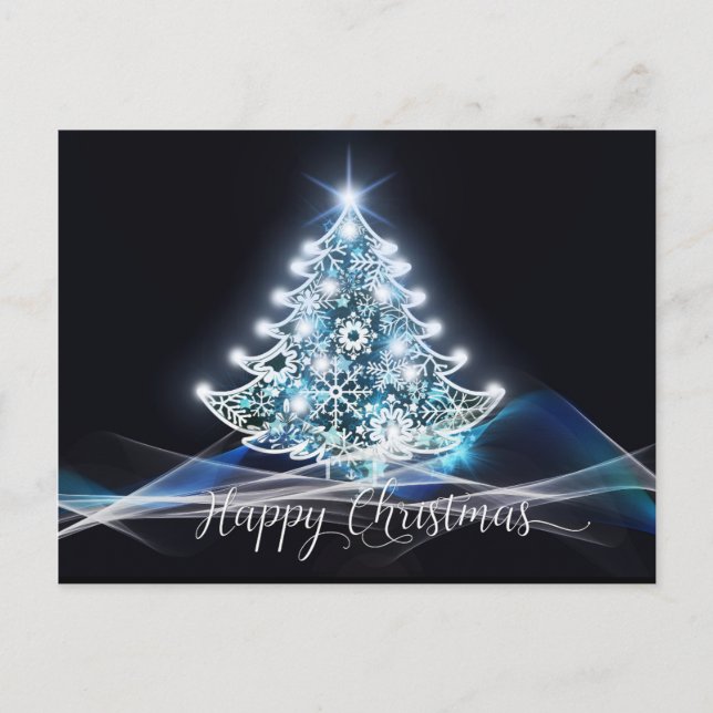 Postal Moderno Neon Glow Black Blue Christmas Tree (Anverso)