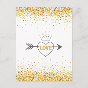 Postal Moderno Purpurina dorado y flor Corazón verdadero