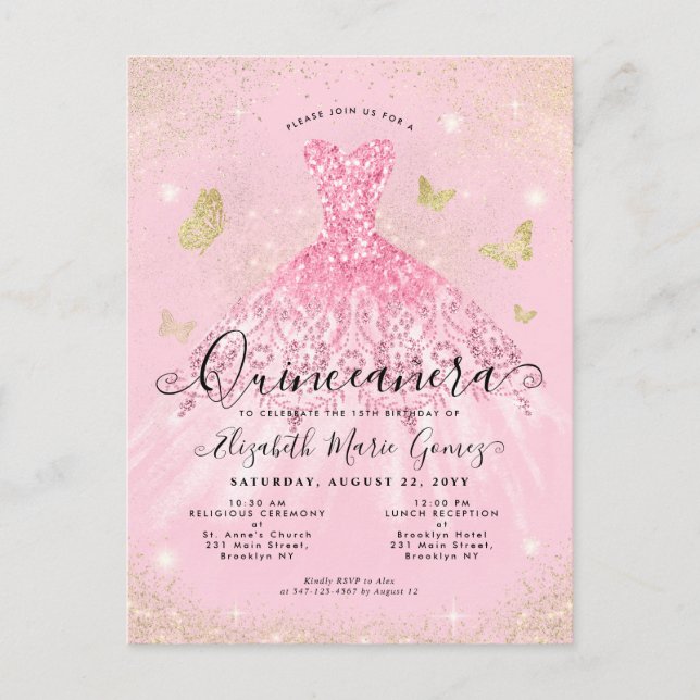 Postal Moderno Purpurina Rubor Rosa Gold Gown Quinceanera (Anverso)
