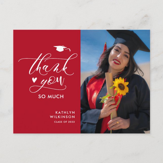 Postal Moderno Red Black Photo Simple Graduation Gracias (Anverso)