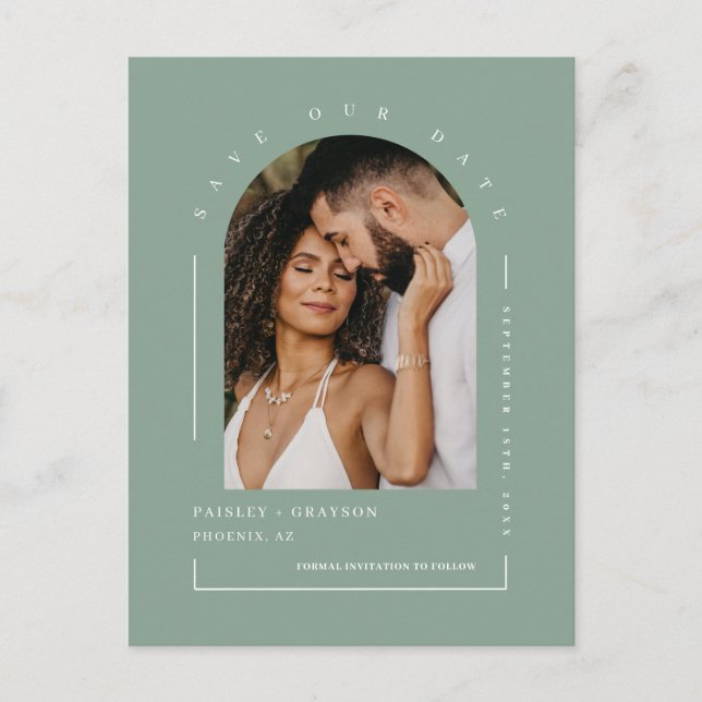 Postal Moderno Sage Green Arch Photo QR Code Save Our Dat (Anverso)