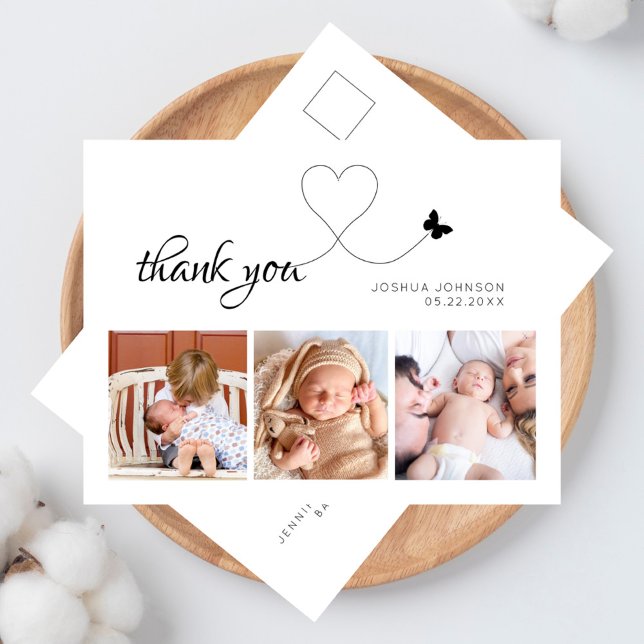 Postal Moderno Script Elegante Mínimo 3 Fotos Baby Shower (elegant photo collage baby shower / new baby thank you postcard)