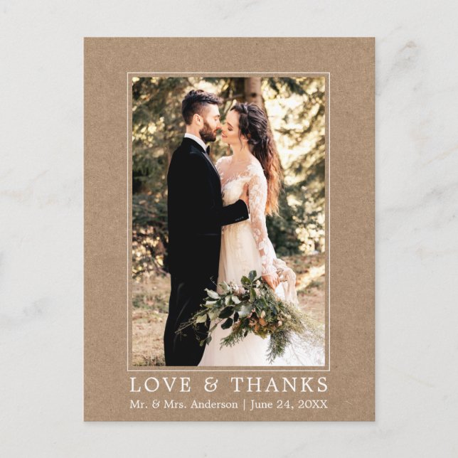 Postal Moderno Simple Amor Gracias Wedding Photo Kraft (Anverso)