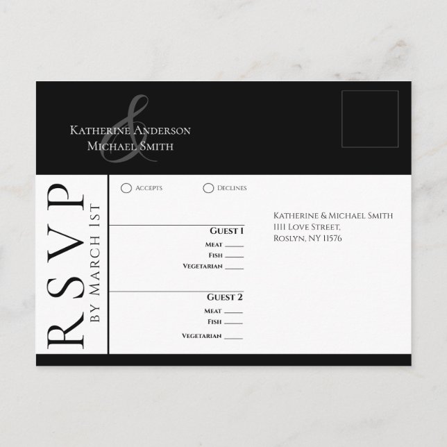 Postal Moderno, simple negro y blanco-RSVP-Boda- (Reverso)