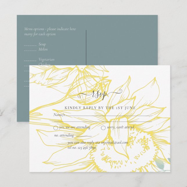 Postal Moderno Sunflowers Greenery Sage Gold Boda (Anverso / Reverso)