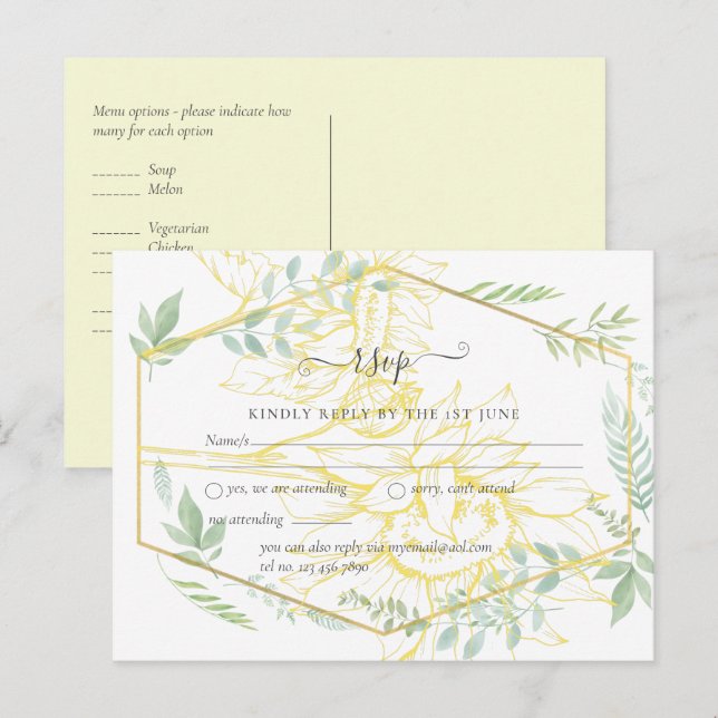 Postal Moderno Sunflowers Greenery Sage Gold Boda (Anverso / Reverso)