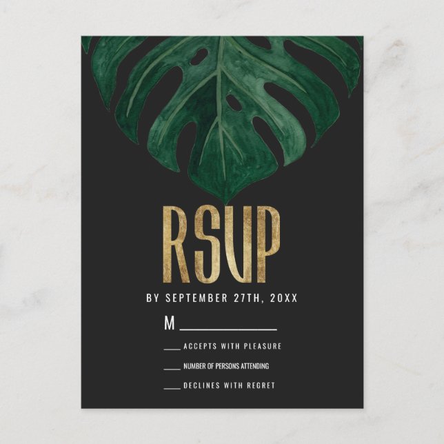 Postal Moderno Tropical Suiza Queso Leaf Gold RSVP (Anverso)