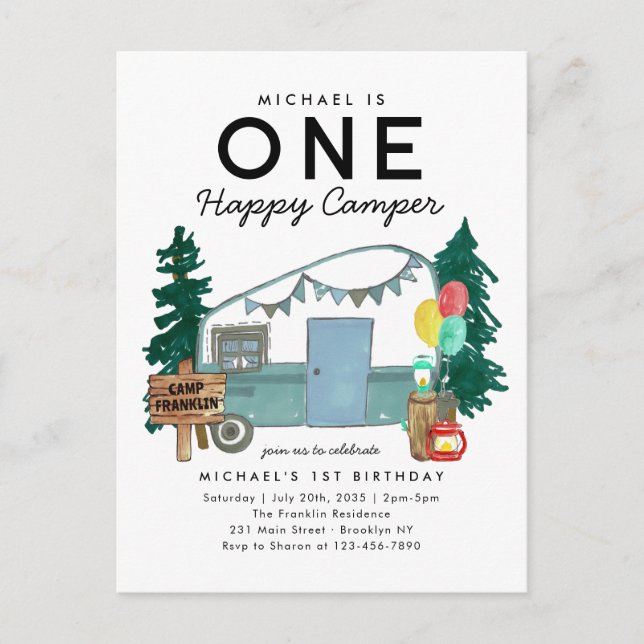 Postal Moderno, uno feliz camper Trees acampando 1er cump (Anverso)