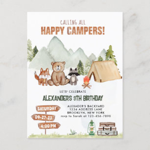 Postal Moderno Woodland Feliz Camper Camping Niños Cumple