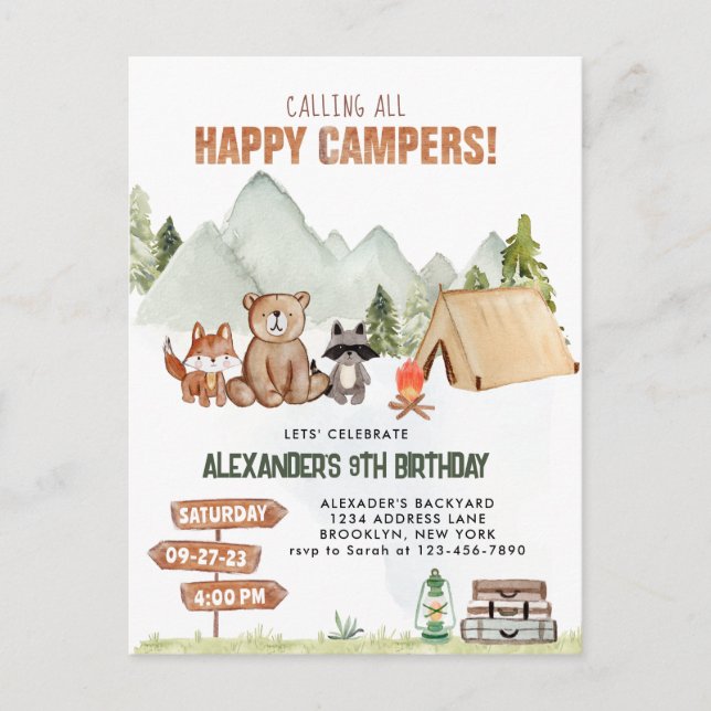Postal Moderno Woodland Feliz Camper Camping Niños Cumple (Anverso)
