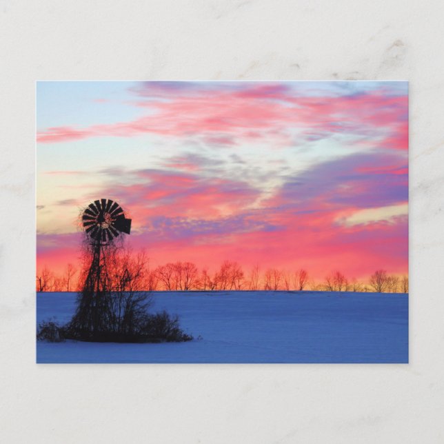 Postal Molino de viento con amanecer rosa (Anverso)