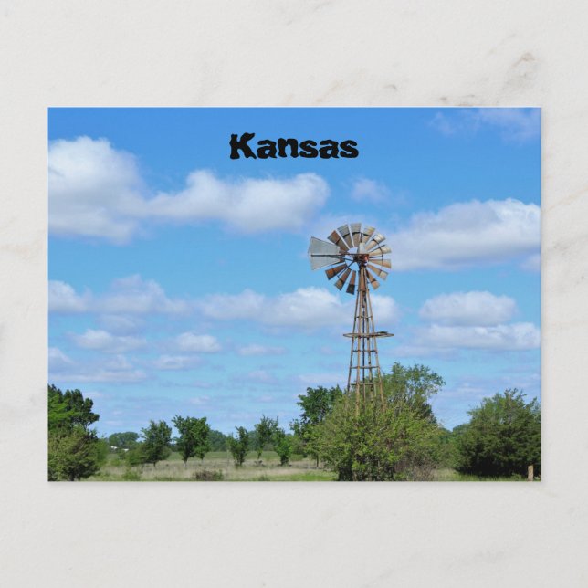 Postal Molino de viento de Kansas Country con cielo azul. (Anverso)