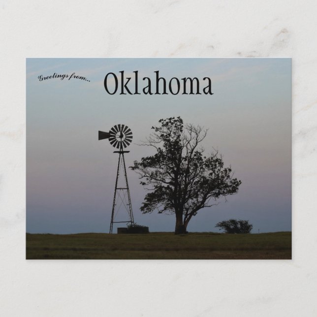 Postal Molino de viento y árbol al atardecer en Oklahoma  (Anverso)