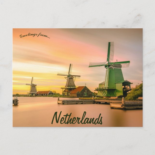 Postal Molinos de viento al atardecer en Holanda (Anverso)