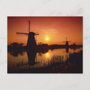 Postal Molinos de viento al atardecer, Kinderdijk, Países