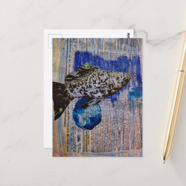 Postal Molly Fish mixed media collage Postcard (Anverso/Reverso In Situ)