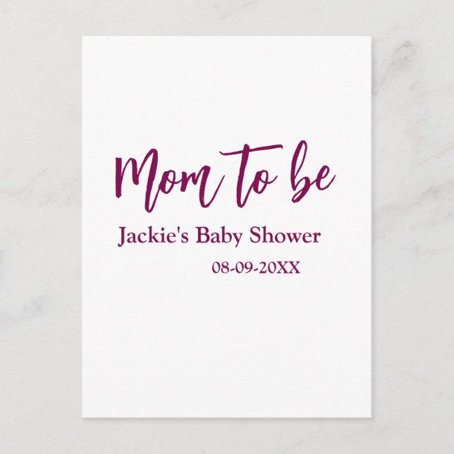 Postal Mom to be baby shower name date pink simple minima (Anverso)