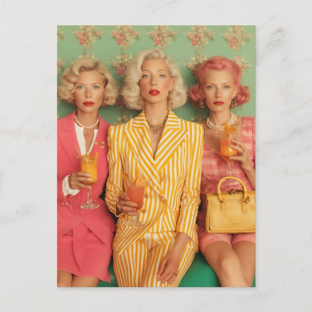 Postal Momento Retro de Cóctel para Damas Elegantes (Anverso)