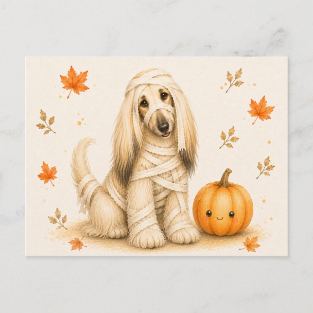 Postal Momia de Lebrel Afgano Halloween (Anverso)