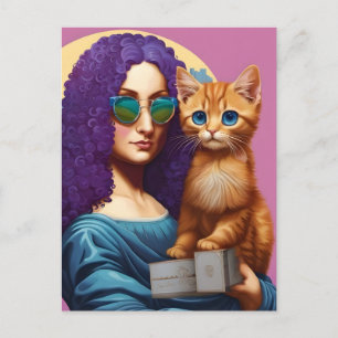 Postal Mona de pelo púrpura y su gatito pelirrojo