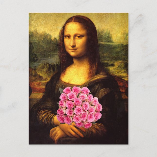 Postal Mona Lisa Con Bouquet De Rosas Rosa (Anverso)
