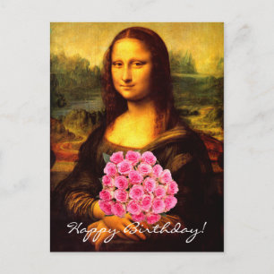 Postal Mona Lisa Con Bouquet De Rosas Rosa