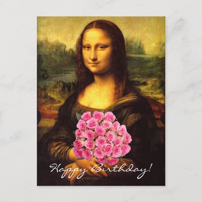 Postal Mona Lisa Con Bouquet De Rosas Rosa (Anverso)