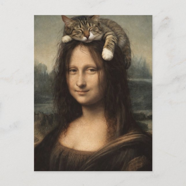 Postal Mona Lisa con gato durmiendo (Anverso)