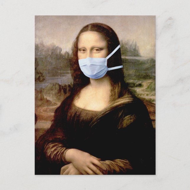 Postal Mona Lisa con máscara Da Vinci parodiando las arte (Anverso)