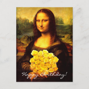Postal Mona Lisa con ramo de rosas amarillas