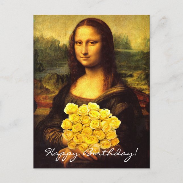 Postal Mona Lisa con ramo de rosas amarillas (Anverso)