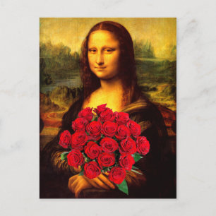 Postal Mona Lisa con ramo de rosas rojas