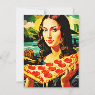 Postal Mona Lisa con una gran porción de pizza