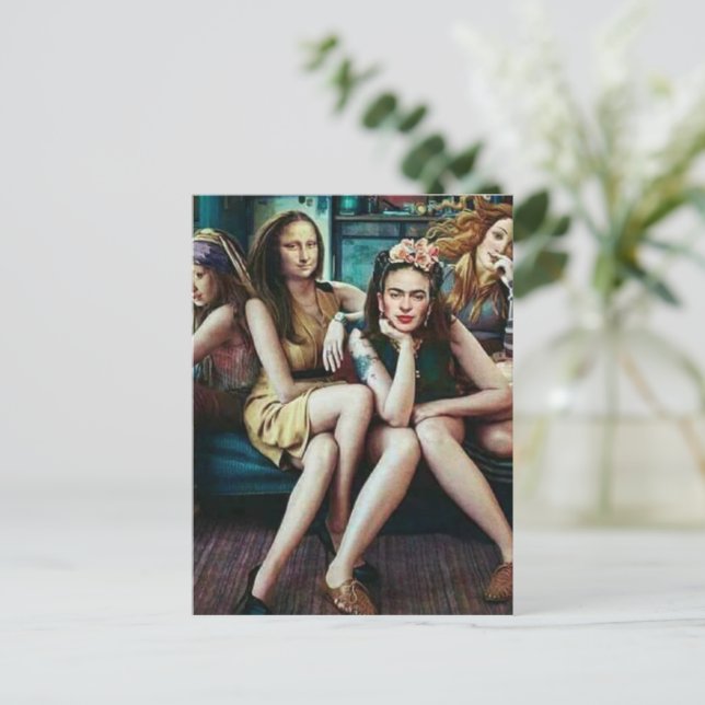 Postal Mona Lisa divertida con su grupo de amigas (Anverso de pie)