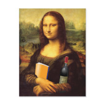 Mona Lisa divertida con vino y libro